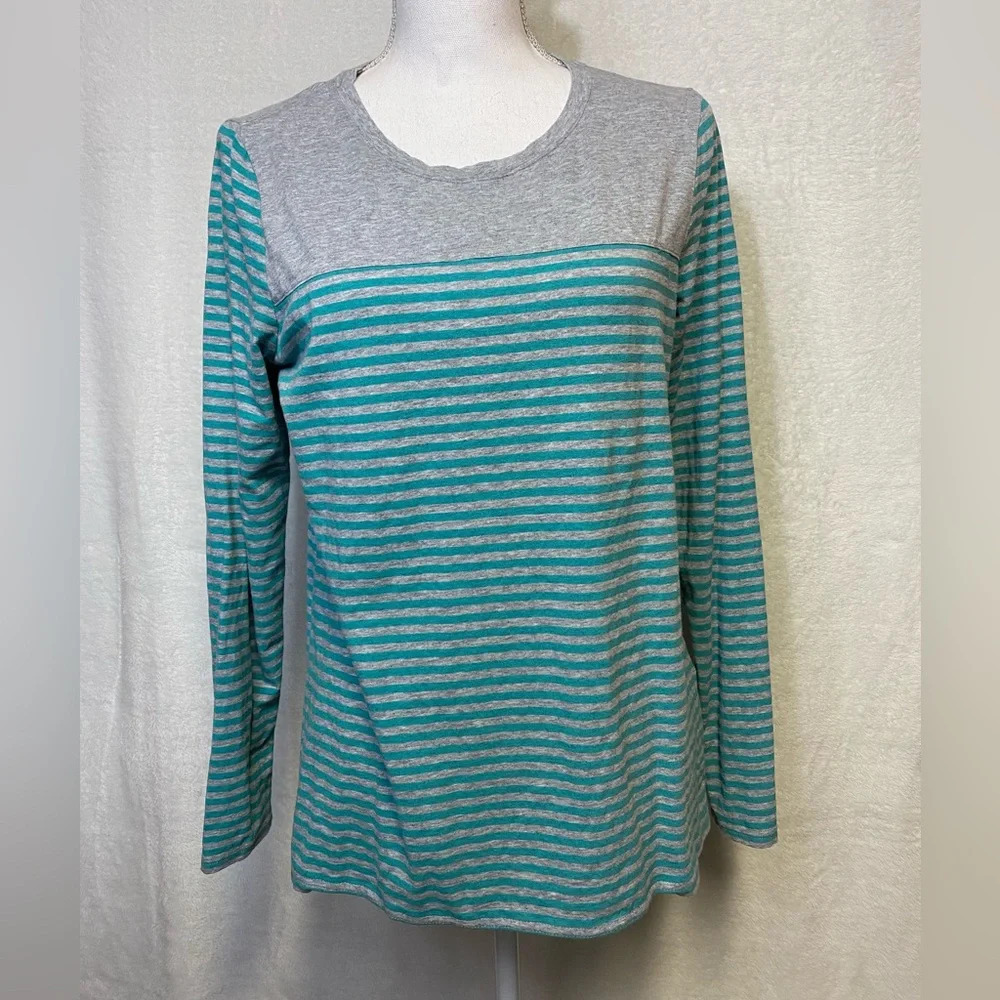 LL Bean women’s Teal and a gray striped long sleeved shirt size m
